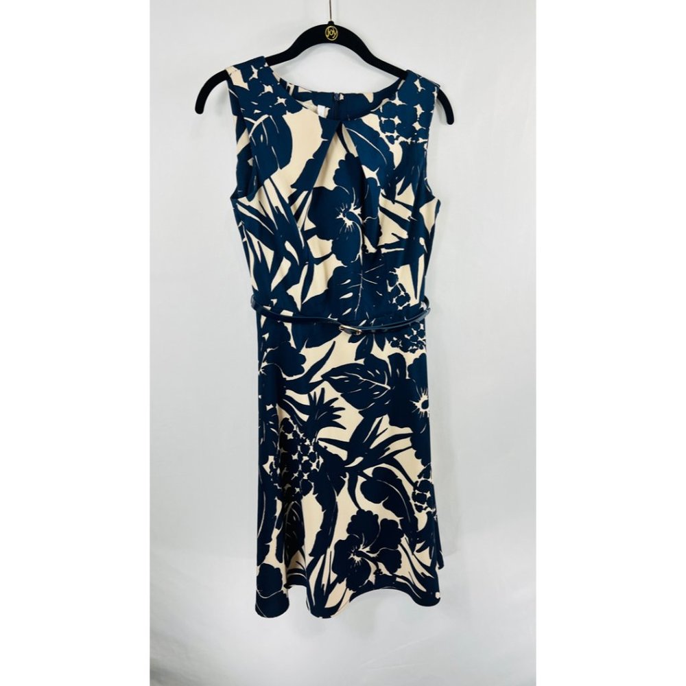 Navy and tan DB Signature knee length dress, size 4.